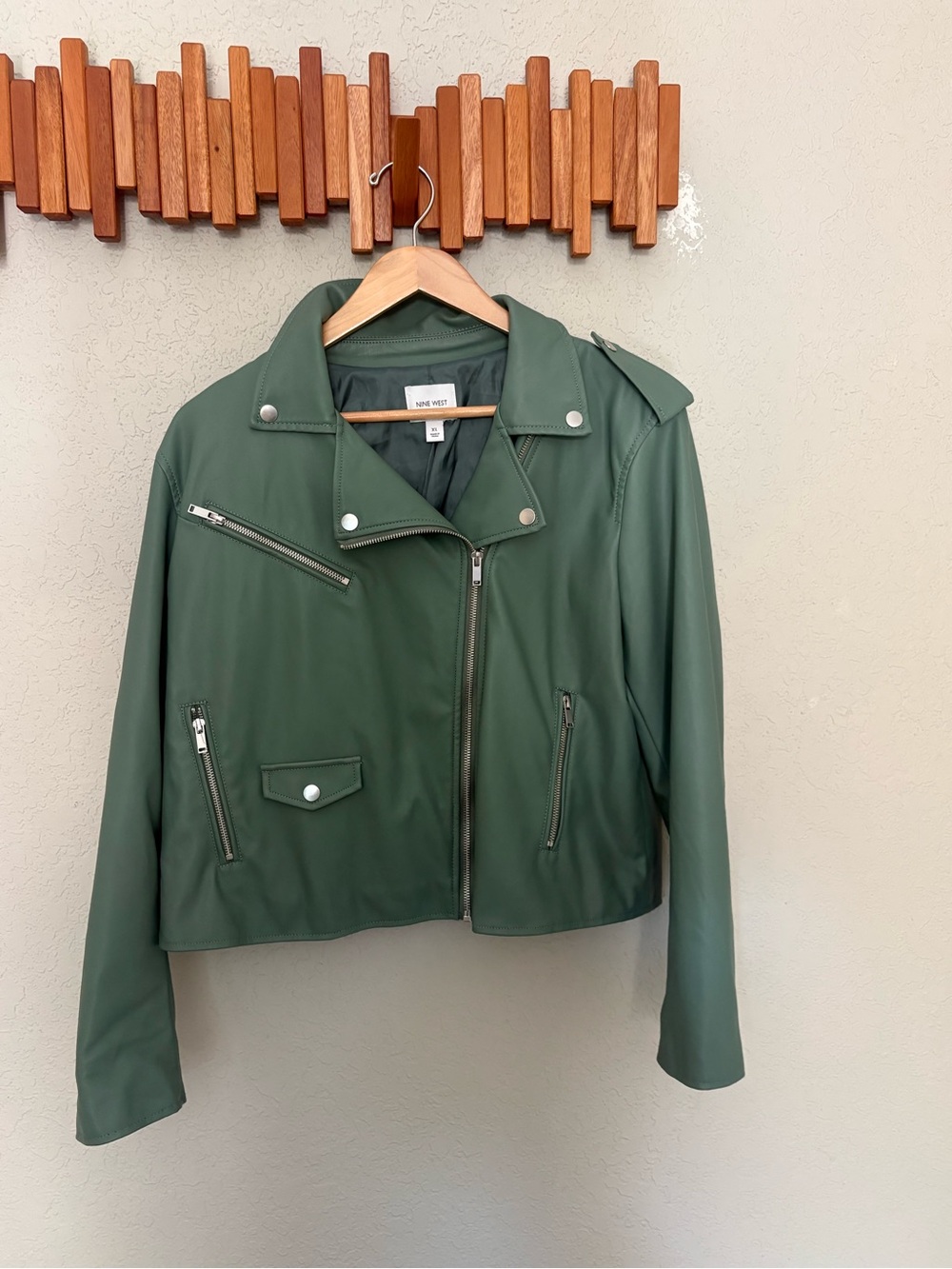 Nine West Olive Green Faux Leather Moto Jacket